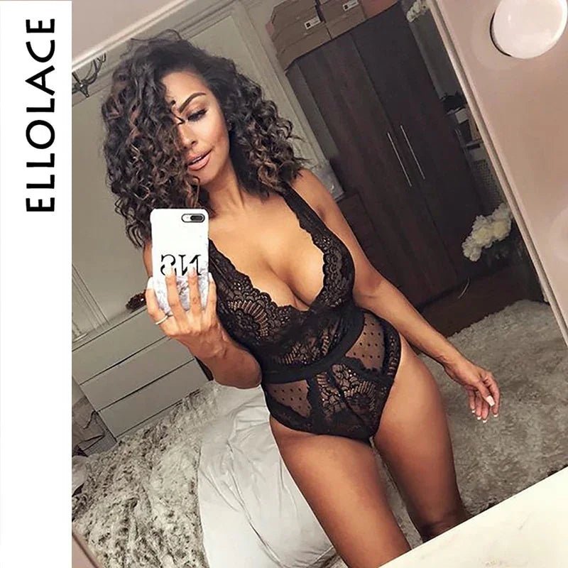 Ellolace Sommer Spitze Bodysuit Frauen Stickerei Transparent Tiefem V-ausschnitt Sexy Bodys Dot Bodycon Mesh Top Ärmelloses - tif-shop24.de