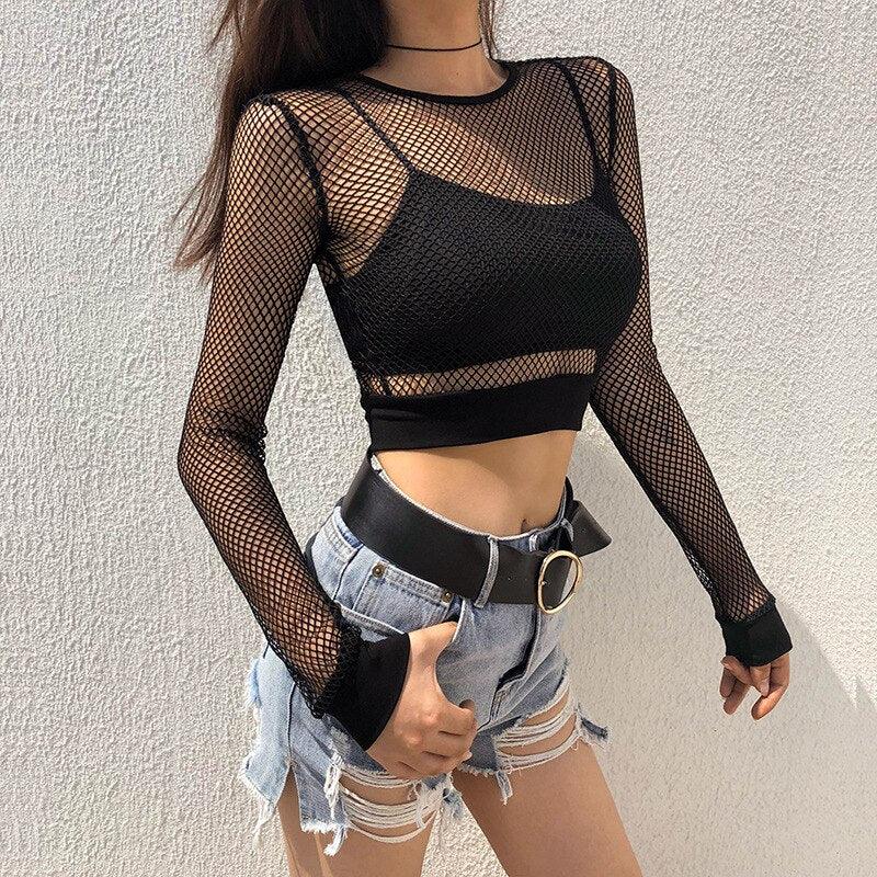 Heißer Verkauf Frauen Sexy Fishnet Crop Top Langarm Schwarz Mesh T-shirt Durchsichtig Harajuku Aushöhlen Tops Weibliche Sommerkleidung | tif-shop24.de