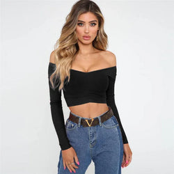Frauen Langarm T-shirt Sommer Mode Casual Sexy Off Schulter Einfarbig Nabelschnur Exposition Sexy Tops | tif-shop24.de