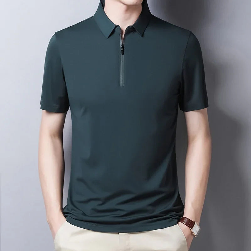 New Classic Solid Color Polo-Shirt Männer Seide Baumwolle Sommer Kurzarm T-Shirts Homme Slim Fit Casual Zipper Camisa Polo T1014 | tif-shop24.de