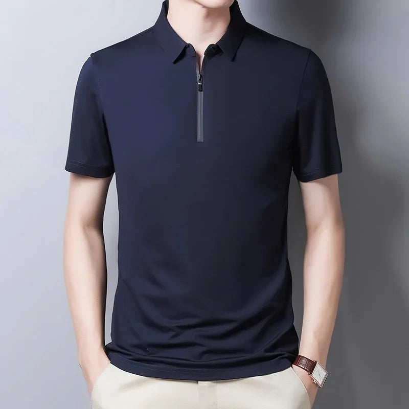 New Classic Solid Color Polo-Shirt Männer Seide Baumwolle Sommer Kurzarm T-Shirts Homme Slim Fit Casual Zipper Camisa Polo T1014 | tif-shop24.de