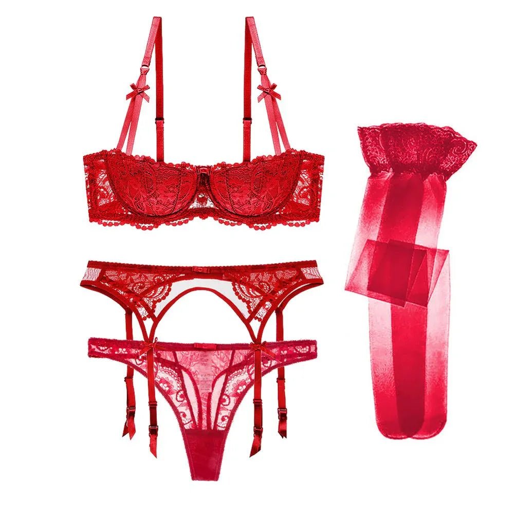 Varsbaby 4 Pcs Sexy Spitze Halb-Tasse Dünnen Unterwäsche Stickerei Büstenhalter Sammeln Bh + Tanga + Gürtel + strümpfe Dessous Sets - tif-shop24.de