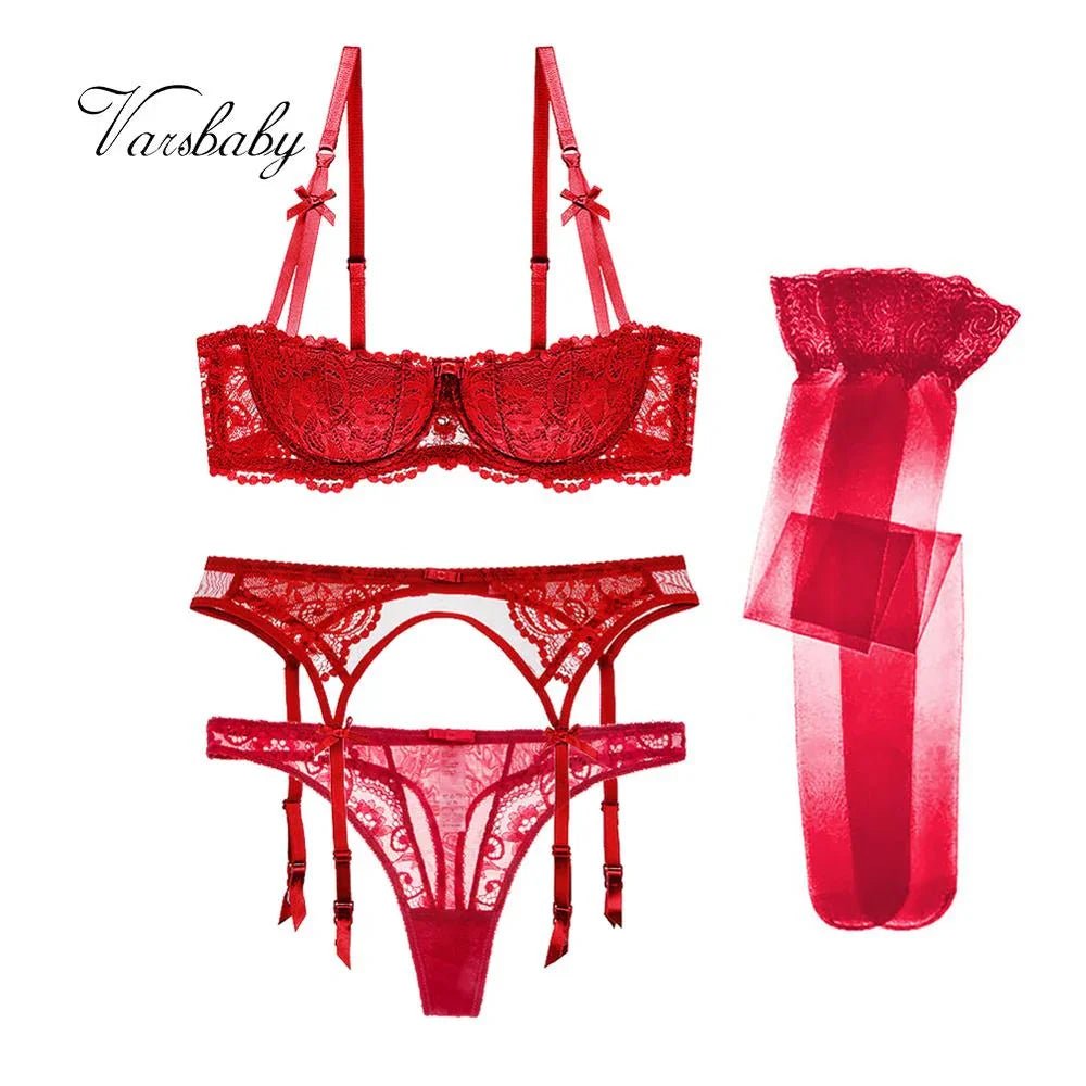 Varsbaby 4 Pcs Sexy Spitze Halb-Tasse Dünnen Unterwäsche Stickerei Büstenhalter Sammeln Bh + Tanga + Gürtel + strümpfe Dessous Sets - tif-shop24.de