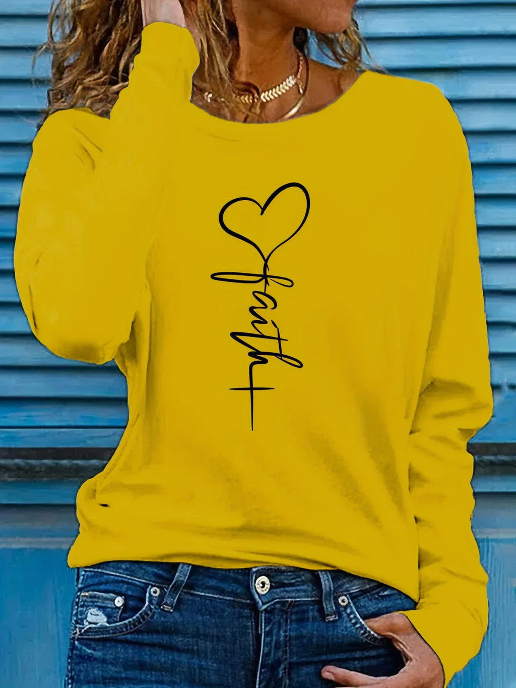 Rundhalsausschnitt Faith-Print Lässiges Langarm Top T-Shirt | tif-shop24.de